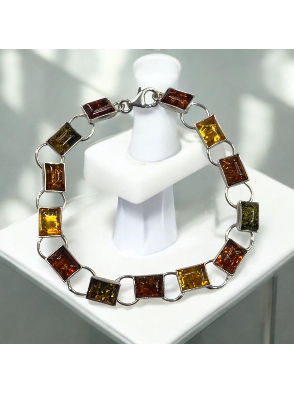 Amber & Sterling Silver 7.5" Bracelet With Multicolor Stones Womens Jewelry